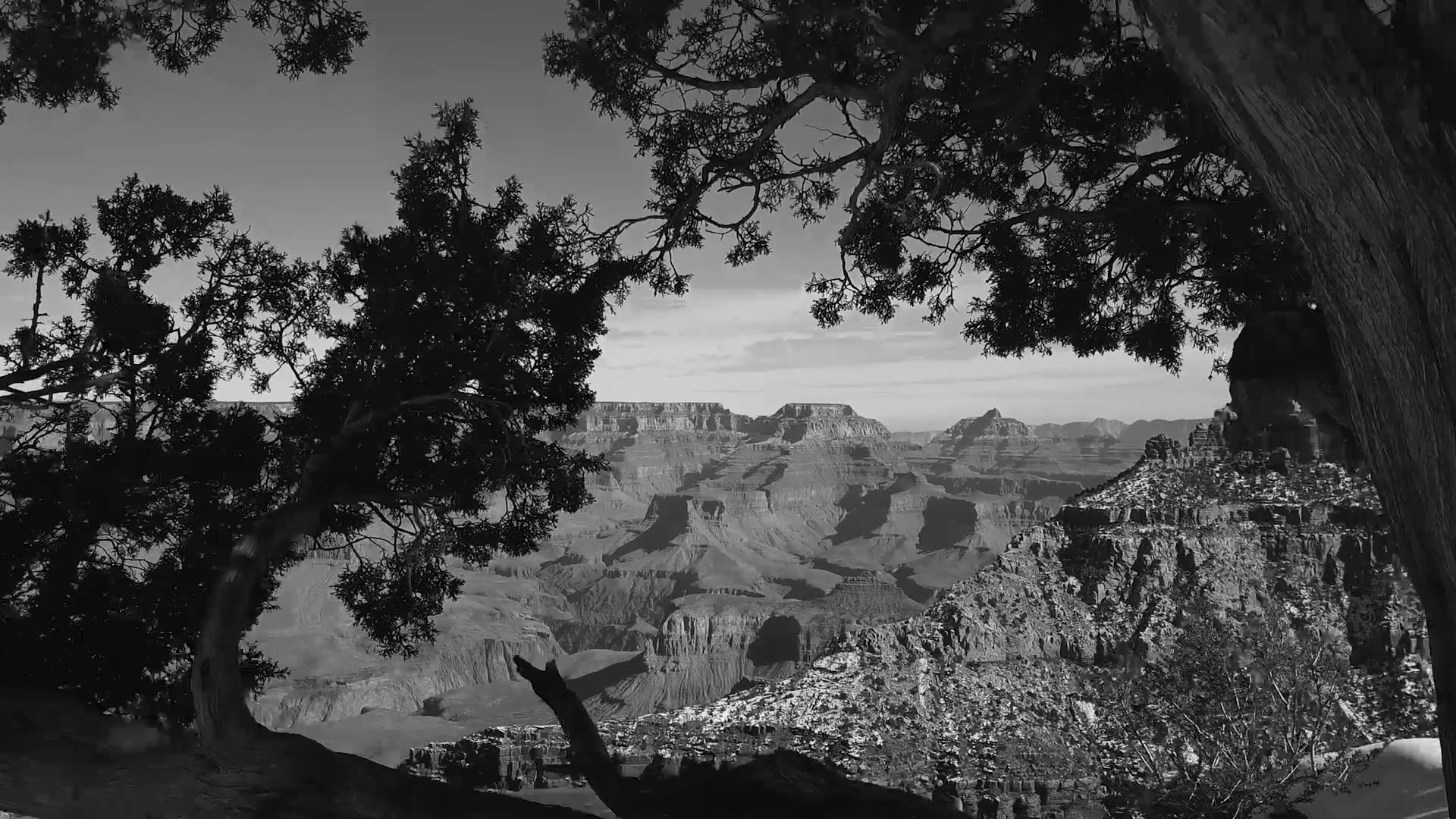 Stone terrace and desert landscape in black and white